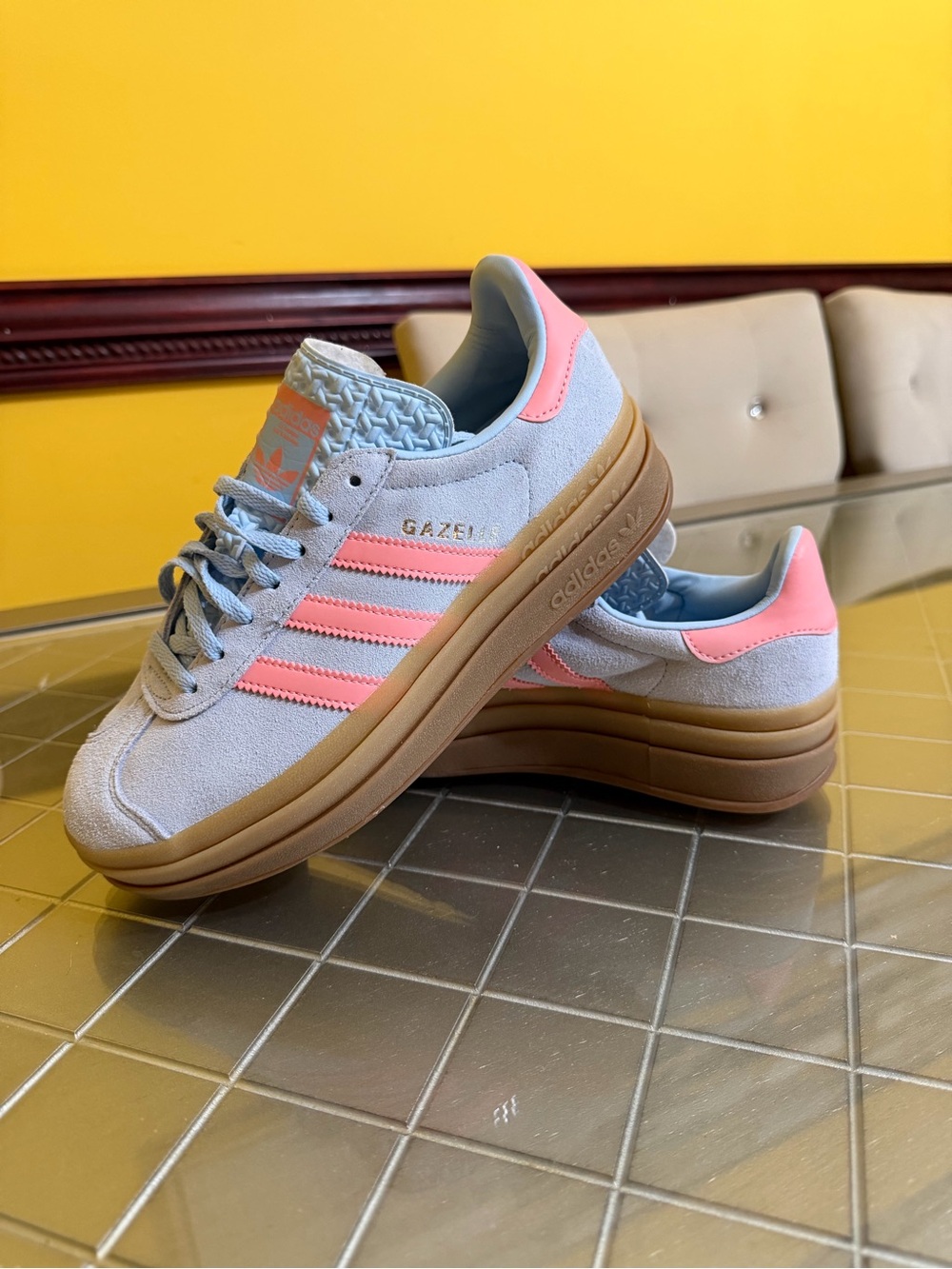 adidas Gazelle Women’s Suede Sneakers - Light Gray with Pink and Gum Sole